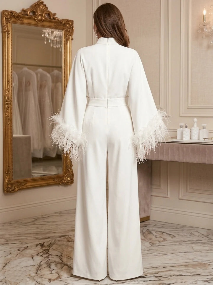 Jumpsuits Mock Neck Stretch Satin Formal Dresses with Feathers Floor-Length Long Sleeves Evening Dresses