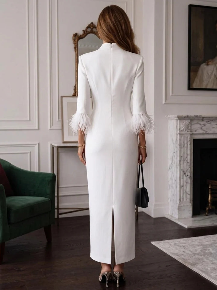 Sheath/Column V-Neck Stretch Satin Formal Dresses with Feathers Ankle-Length 3/4 Sleeves Evening Dresses