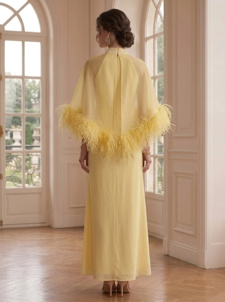 Sheath/Column Mock Neck Chiffon Formal Dresses with Feathers Ankle-Length Cape Sleeves Evening Dresses