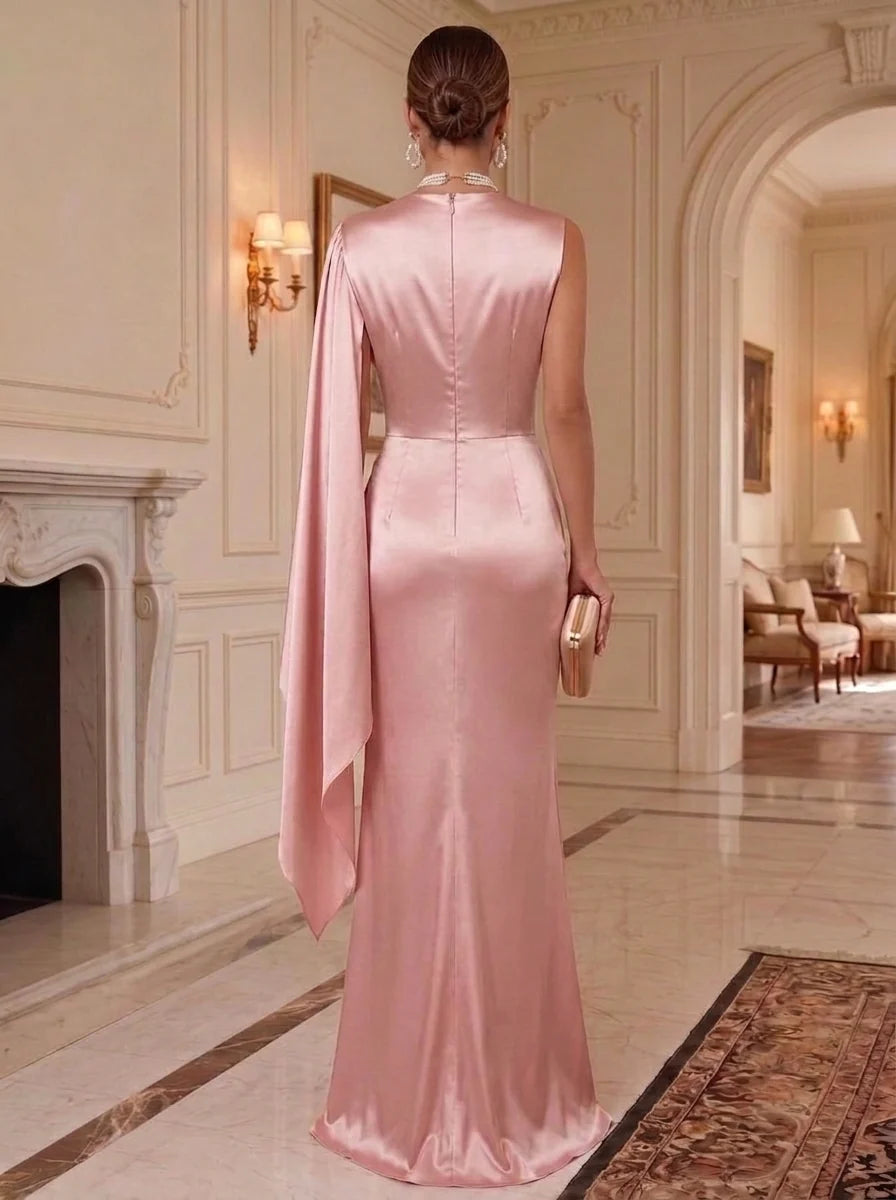 Sheath/Column Jewel Neck Silk Satin Formal Dresses Ruched Floor-Length Cape Sleeve Evening Dresses