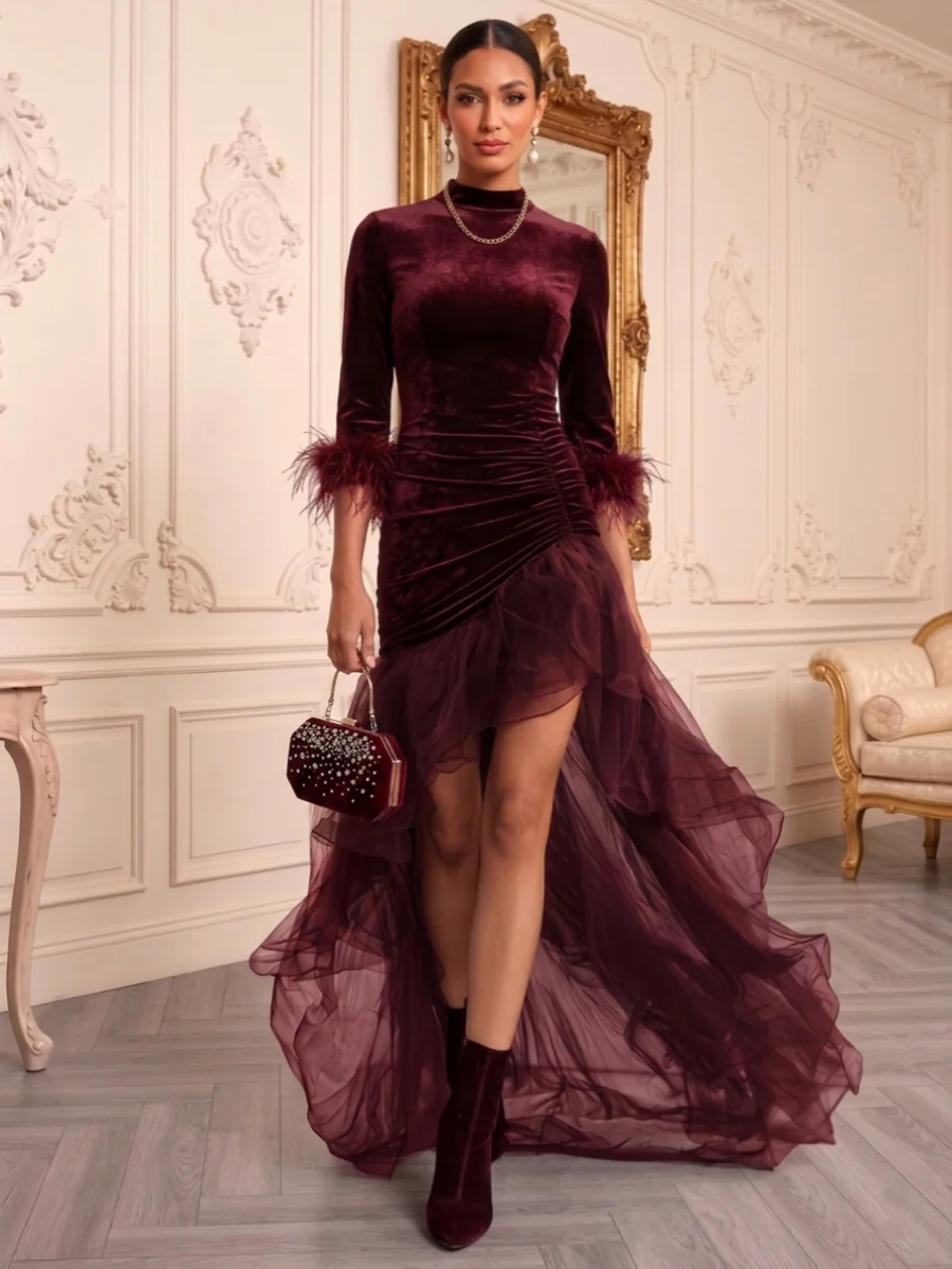 Sheath/Column Mock Neck Velvet Evening Dresses with Feathers 3/4 Sleeves Asymmetrical Floor-Length Organza Formal Dresses