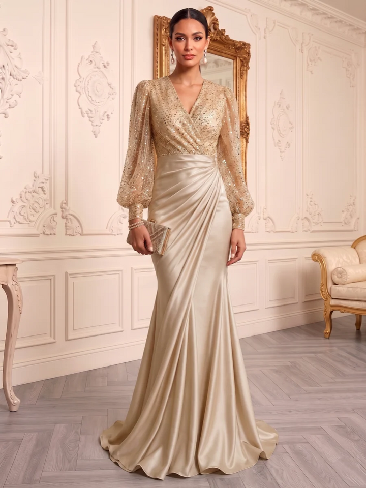 Trumpet/Mermaid V-Neck Silk Satin Evening Dresses Floor-Length Sequins Long Sleeves Ruched Formal Dresses