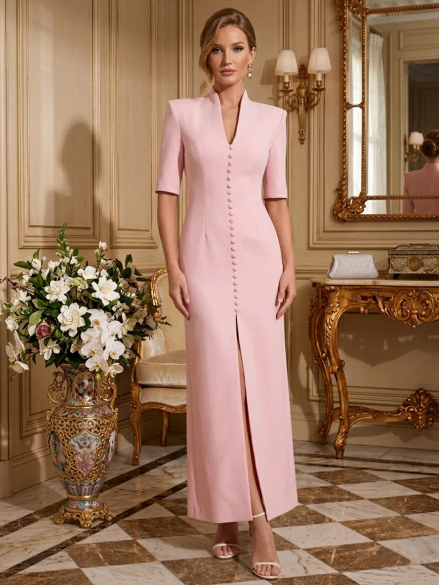 Sheath/Column V-Neck Stretch Satin Formal Dresses with Split Side Ankle-Length Half Sleeves Evening Dresses