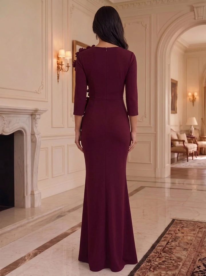 Sheath/Column Asymmetrical Neck Stretch Satin Formal Dresses with 3D Flowers Floor-Length Ruffles 3/4 Sleeves Evening Dresses