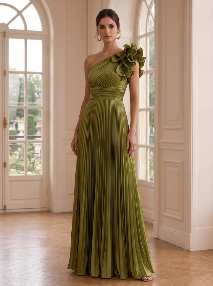A-Line/Princess One-Shoulder Metallic Formal Dresses Floor-Length Ruffles Sleeveless Pleated Evening Dresses