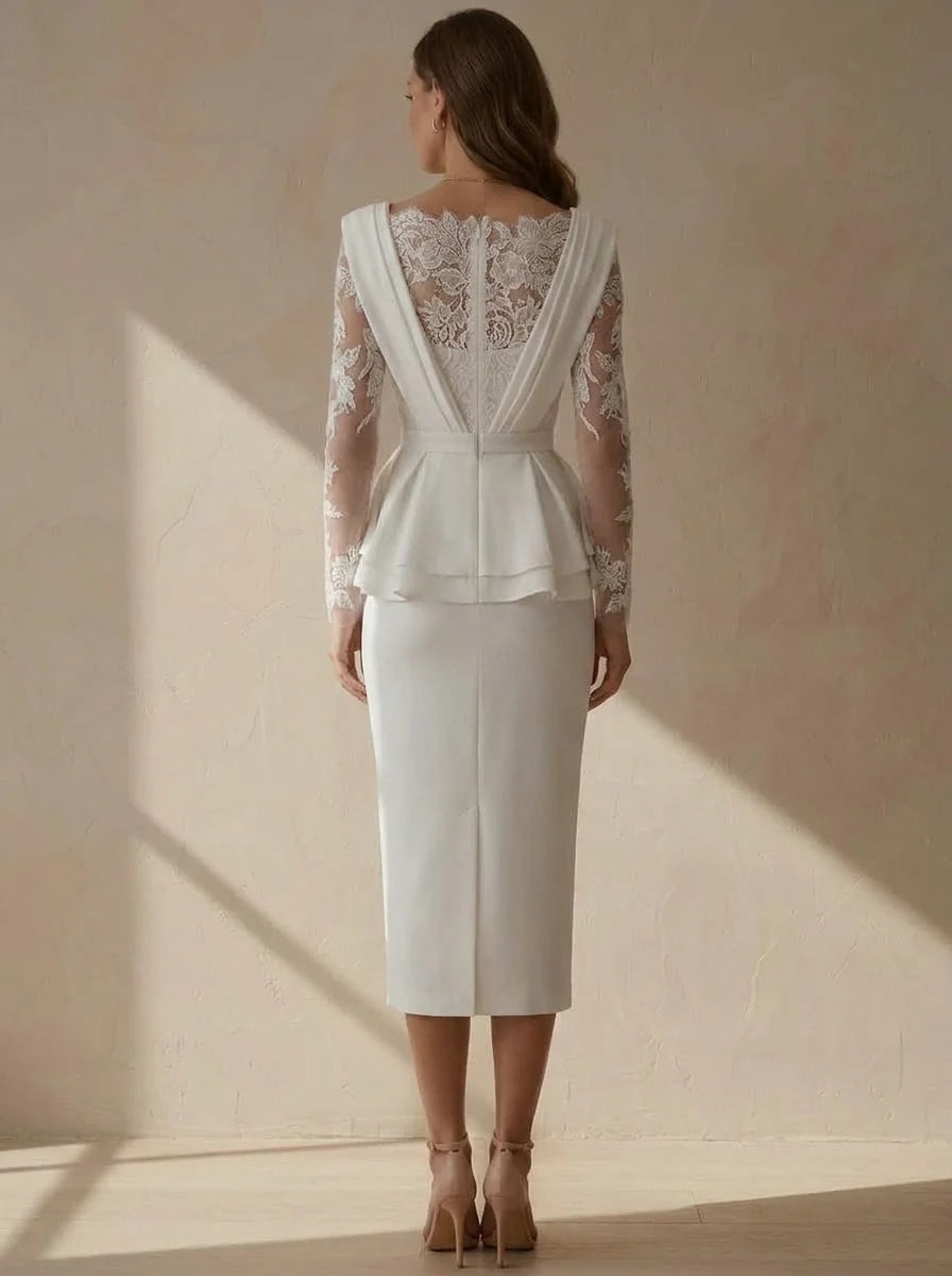 Sheath/Column Boat Neck Stretch Satin Cocktail Dresses Tea-Length Lace Floral Long Sleeves Little White Dresses Party Dresses