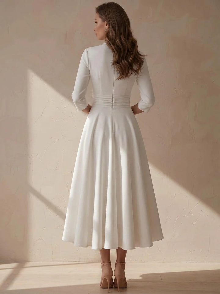 A-Line/Princess V-Neck Stretch Satin Cocktail Dresses Tea-Length 3/4 Sleeves Bowknot Little White Dresses Party Dresses