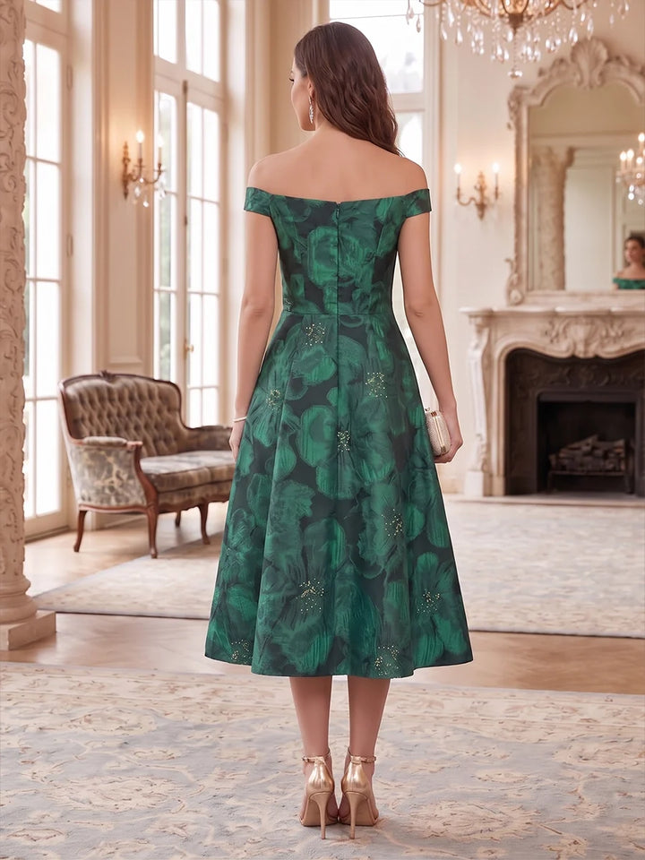 A-Line/Princess Off-the-Shoulder Printed Satin Cocktail Dresses Sleeveless Floral Tea-Length Party Dresses