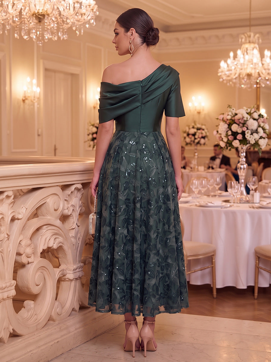 A-Line/Princess One-Shoulder Satin Mother of the Bride Dresses Short Sleeves Floral Tea-Length