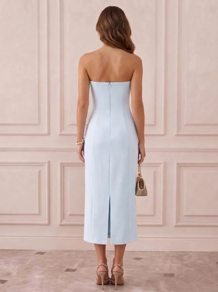 Sheath/Column Off-the-Shoulder Stretch Satin Cocktail Dresses with 3D Flowers Sleeveless Tea-Length Party Dresses