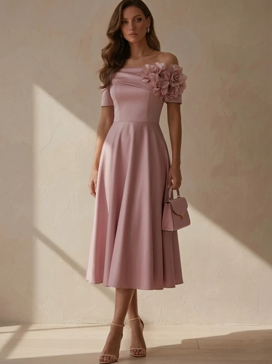 A-Line/Princess Off-the-Shoulder Satin Cocktail Dresses with 3D Flowers Short Sleeves Tea-Length Party Dresses