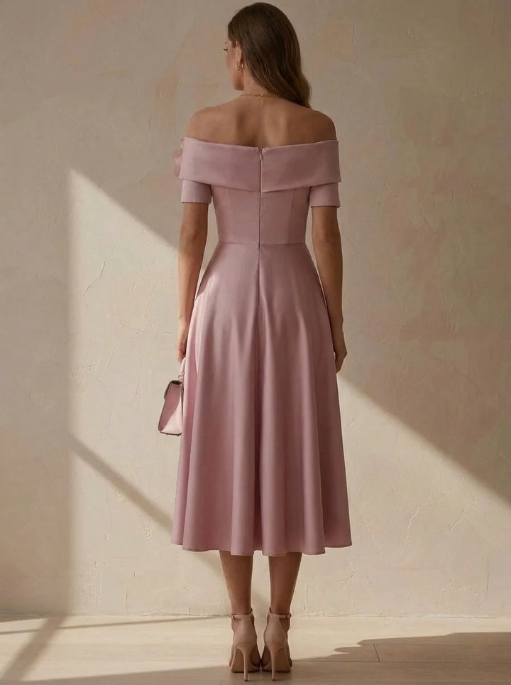 A-Line/Princess Off-the-Shoulder Satin Cocktail Dresses with 3D Flowers Short Sleeves Tea-Length Party Dresses