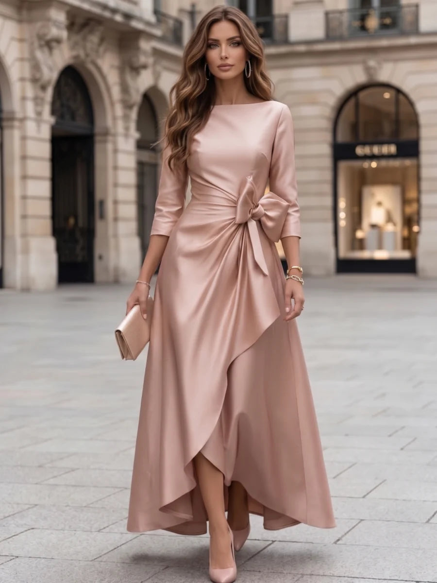 A-Line/Princess Boat Neck Satin Cocktail Dresses with Bowknot 3/4 Sleeves Asymmetrical Ankle-Length Party Dresses