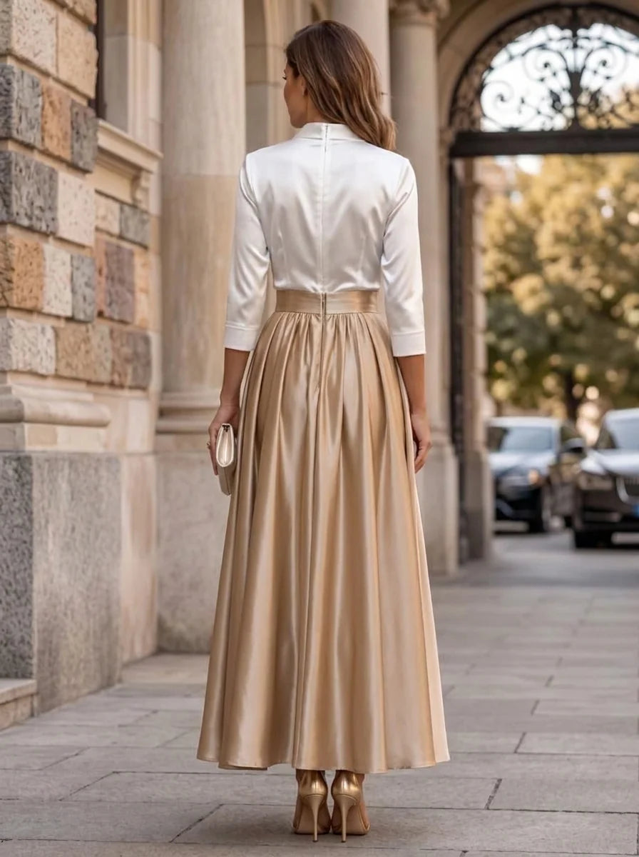 A-Line/Princess V-Neck Satin Cocktail Dresses 3/4 Sleeves Pleated Ankle-Length Party Dresses