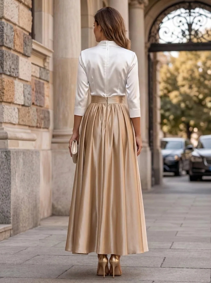 A-Line/Princess V-Neck Satin Cocktail Dresses 3/4 Sleeves Pleated Ankle-Length Party Dresses