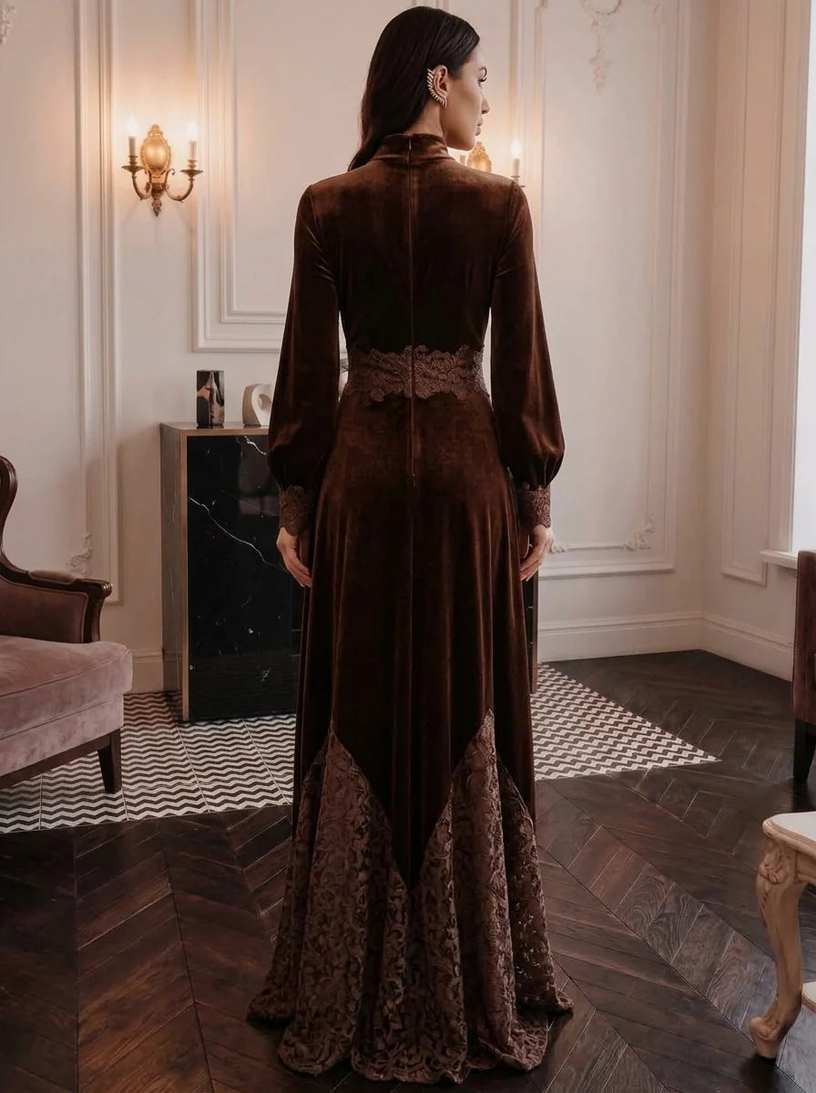 A-Line/Princess Mock Neck Velvet Evening Dresses Lace Floor-Length Long Sleeves Formal Dresses