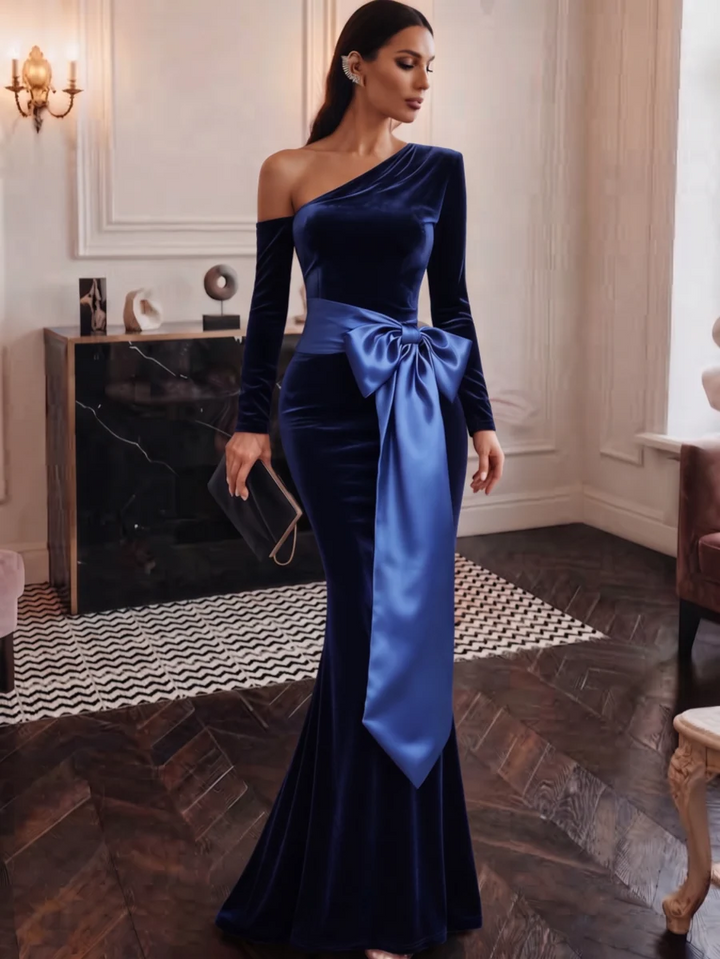 Trumpet/Mermaid One-Shoulder Velvet Evening Dresses with Bowknot Floor-Length Long Sleeves Formal Dresses