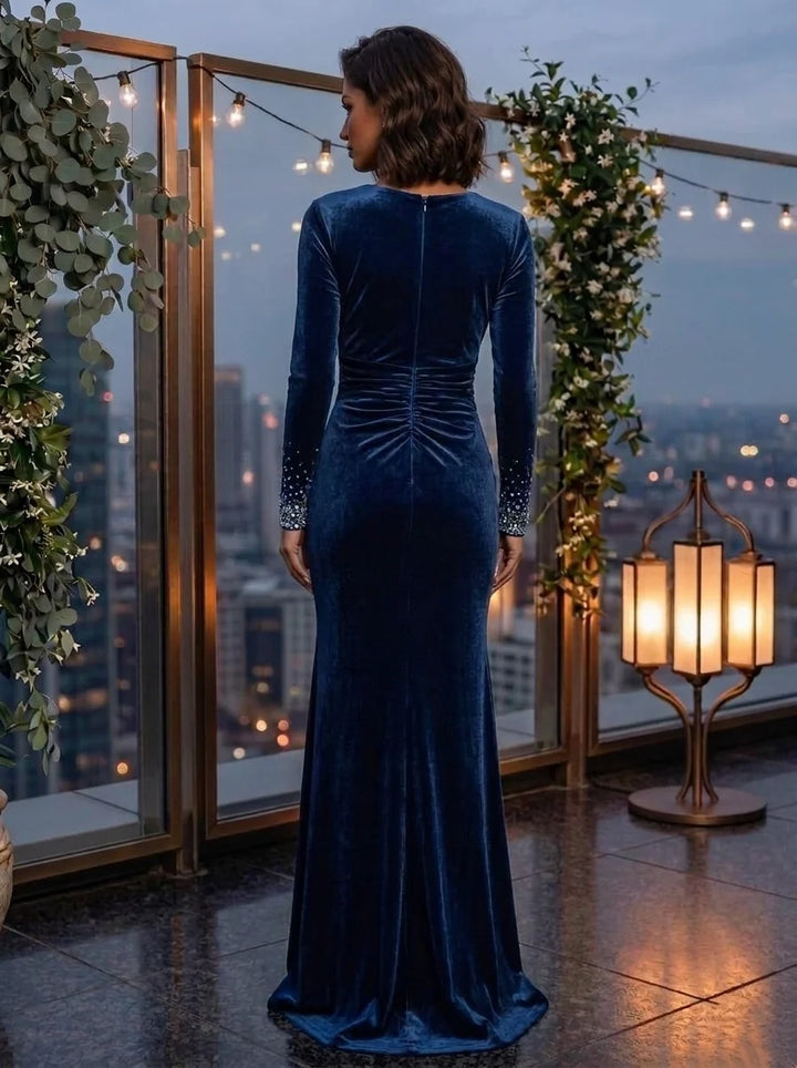 Sheath/Column V-Neck Velvet Evening Dresses Floor-Length Long Sleeves Rhinestone Formal Dresses Ruched