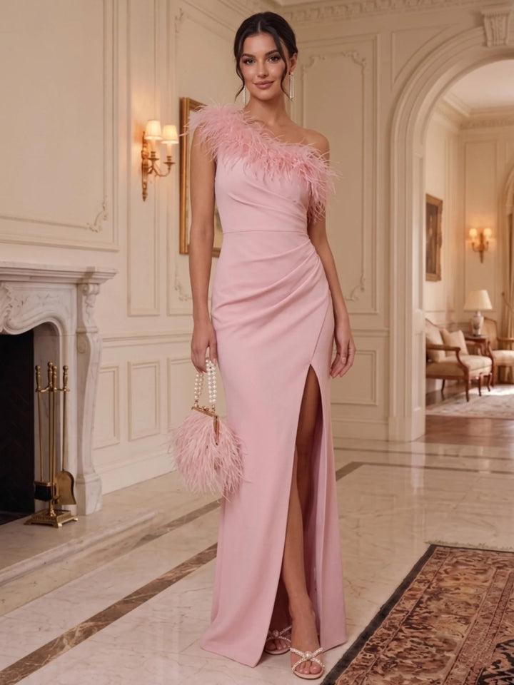 Sheath/Column One-Shoulder Stretch Satin Formal Dresses With Feathers &amp; Split Side Floor-Length Sleeveless Evening Dresses