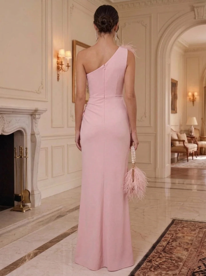 Sheath/Column One-Shoulder Stretch Satin Formal Dresses With Feathers &amp; Split Side Floor-Length Sleeveless Evening Dresses