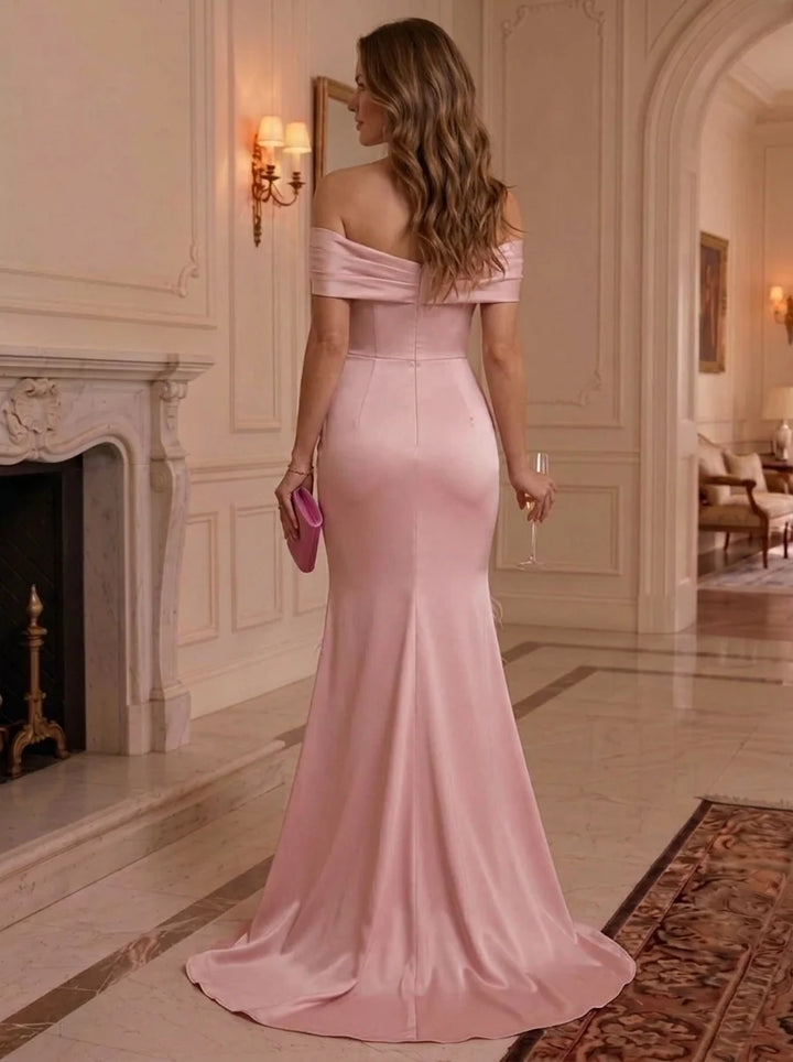 Sheath/Column Off-the-Shoulder Satin Formal Dresses Floor-Length Sleeveless Evening Dresses With Feathers &amp; Sweep Train