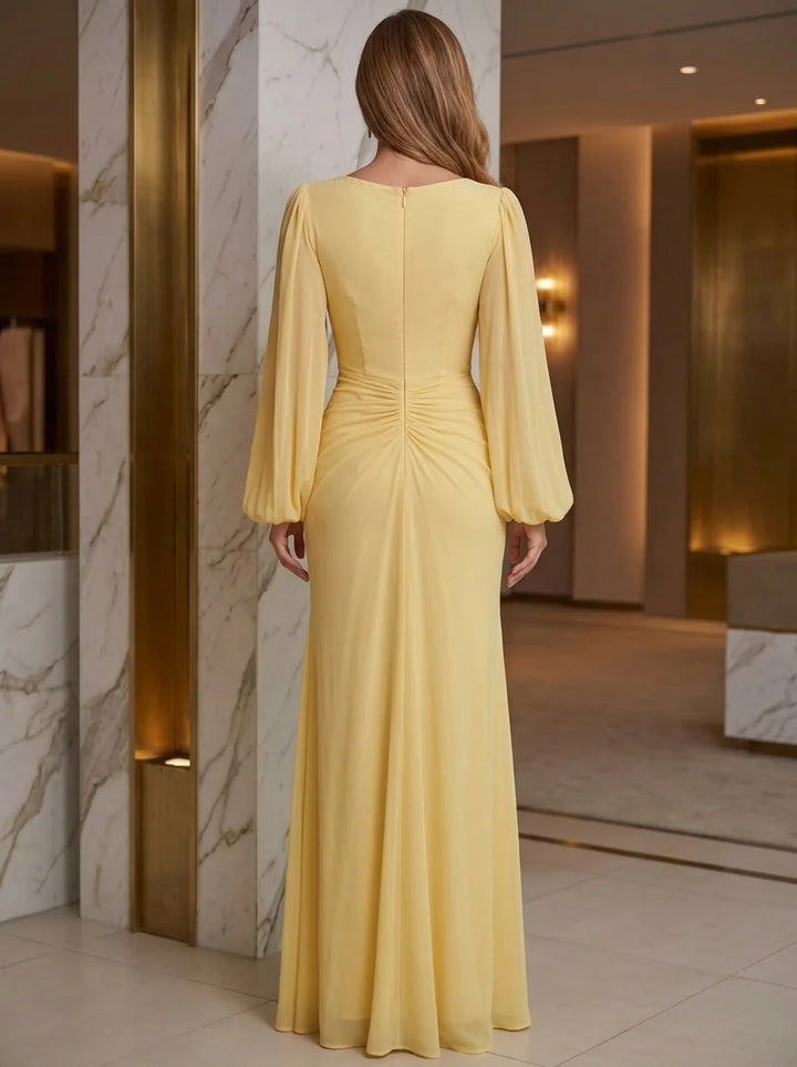 A-Line/Princess V-Neck Chiffon Formal Dresses Ruched Floor-Length Long Sleeves Evening Dresses
