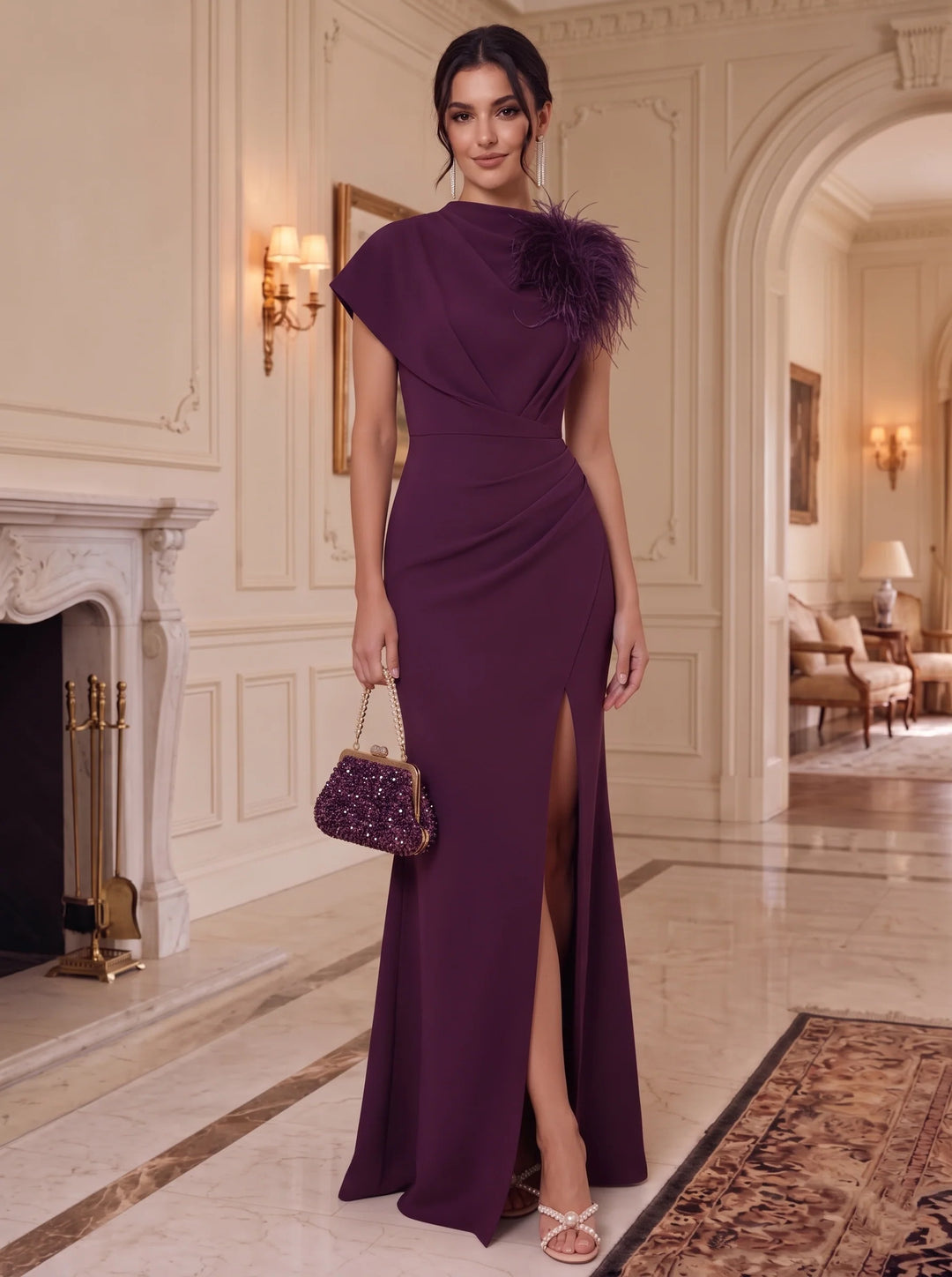 Sheath/Column Mock Neck Stretch Satin Formal Dresses With Feathers &amp; Split Side Floor-Length Short Sleeves Evening Dresses