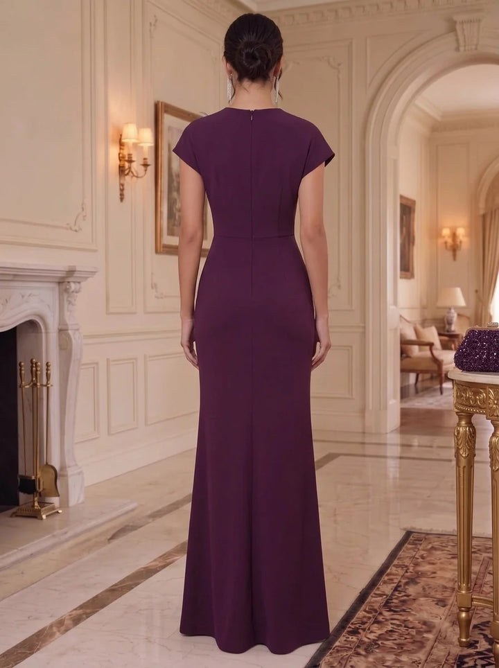 Sheath/Column Mock Neck Stretch Satin Formal Dresses With Feathers &amp; Split Side Floor-Length Short Sleeves Evening Dresses
