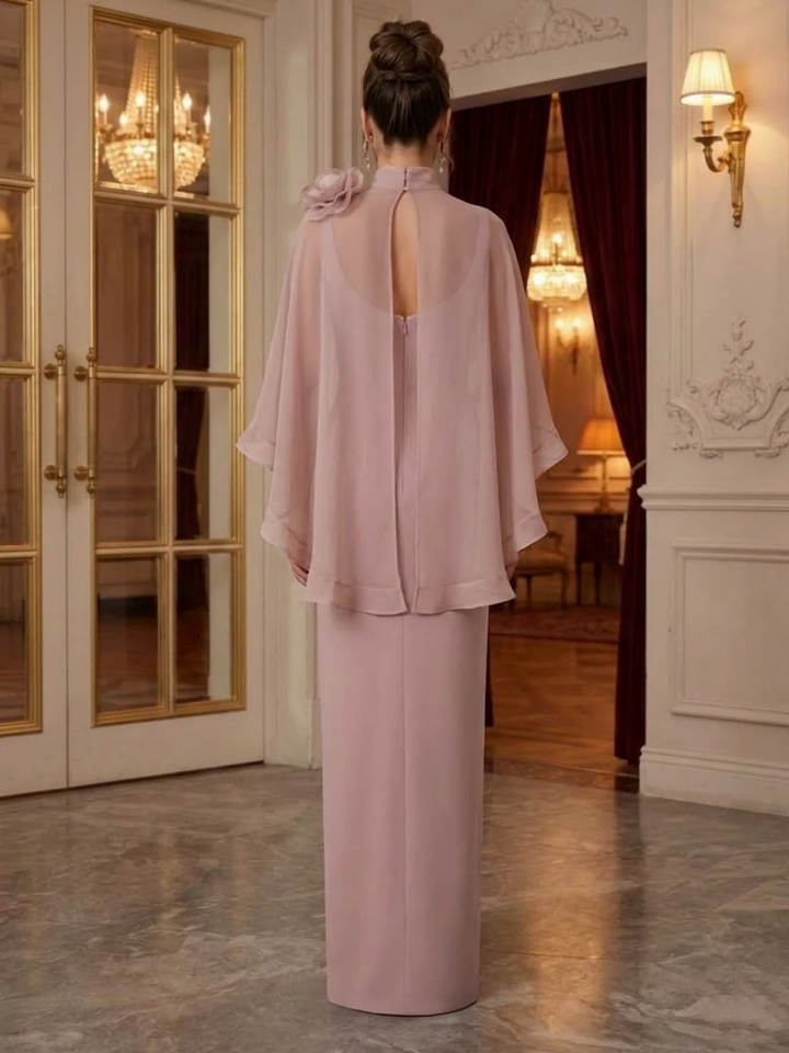 Sheath/Column Mock Neck Organza Formal Dresses Floor-Length Cape Sleeves Evening Dresses With 3D Flower