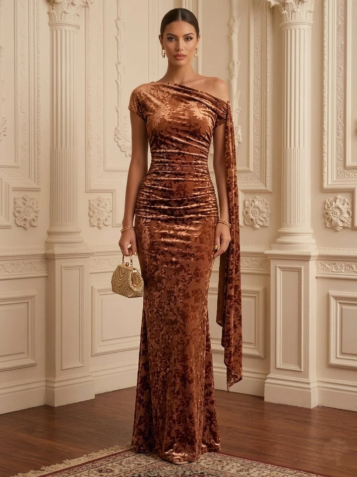 Sheath/Column One-Shoulder Floral Velvet Formal Dresses Floor-Length Sleeveless Evening Dresses