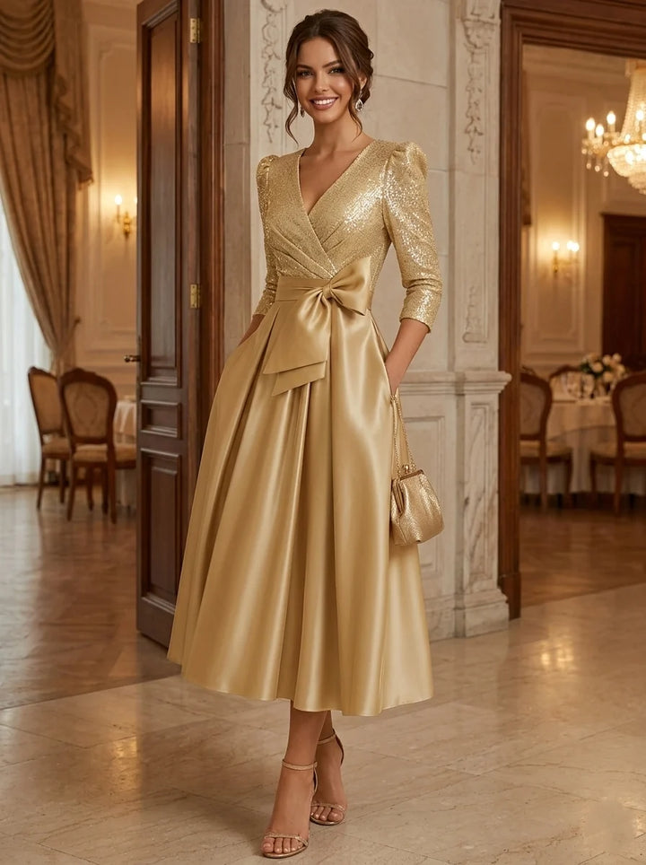 A-Line/Princess V-Neck Silk Satin Cocktail Dresses 3/4 Sleeves Tea-Length Party Dresses With Sequins &amp; Bowknot &amp; Pocket