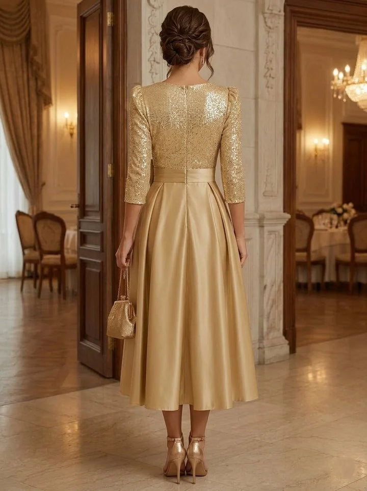 A-Line/Princess V-Neck Silk Satin Cocktail Dresses 3/4 Sleeves Tea-Length Party Dresses With Sequins &amp; Bowknot &amp; Pocket