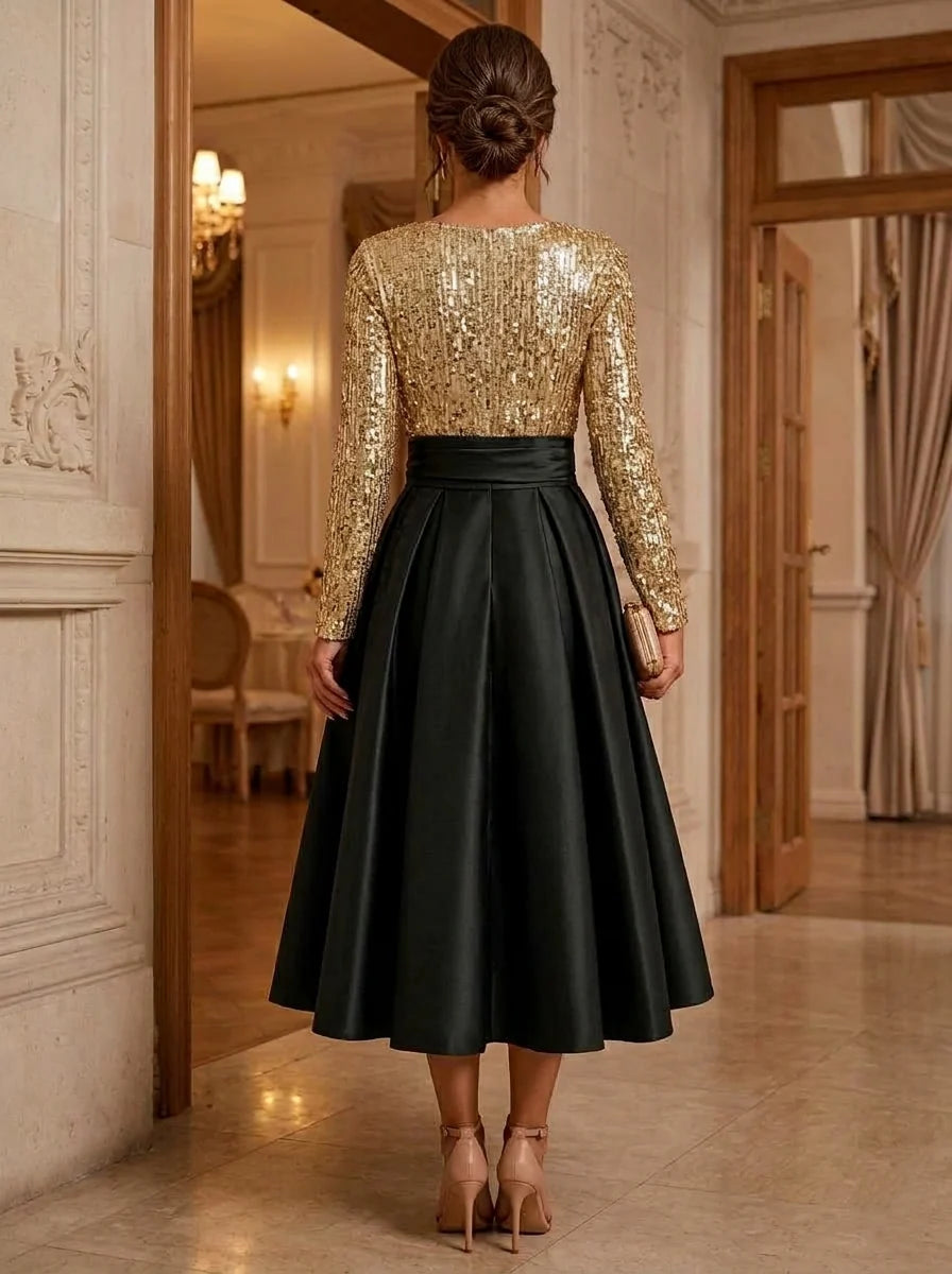 A-Line/Princess Scoop Satin Cocktail Dresses Long Sleeves Tea-Length Party Dresses Sequins