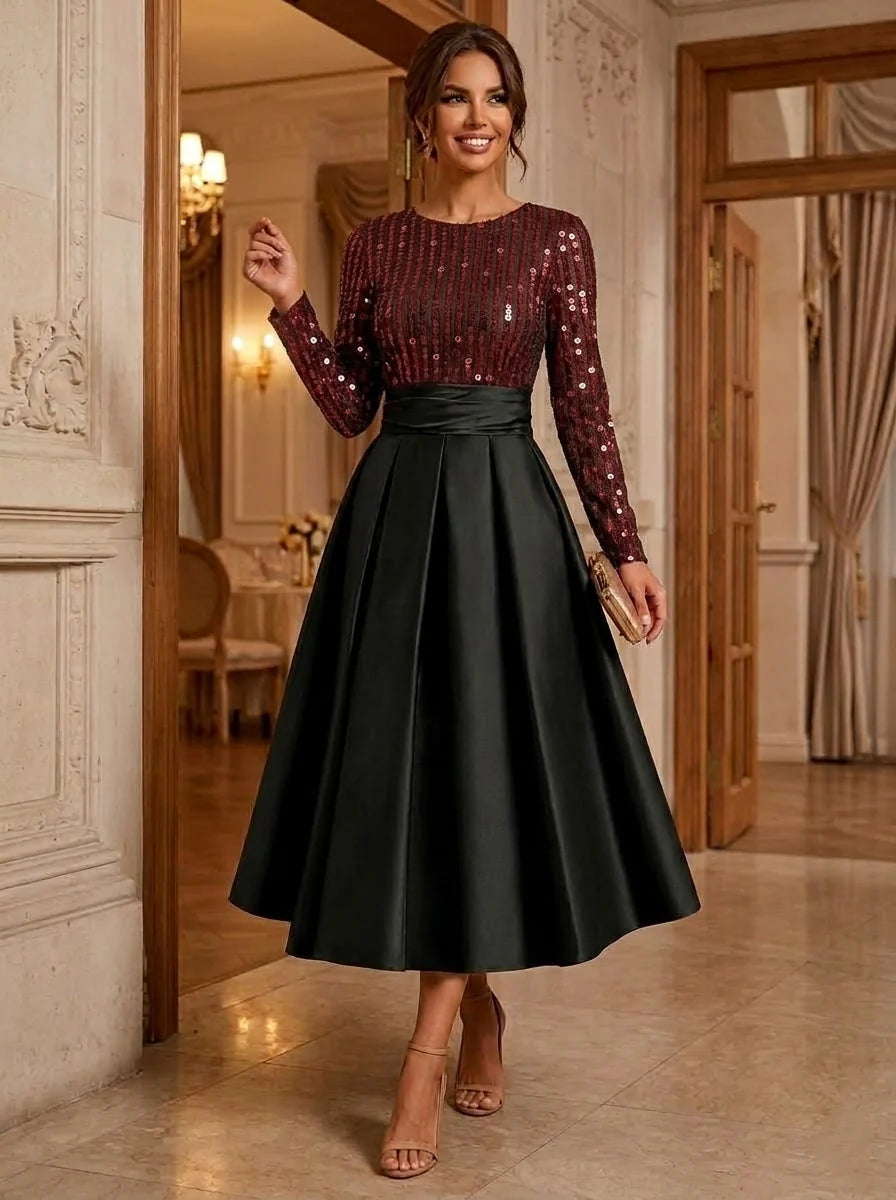 A-Line/Princess Scoop Satin Cocktail Dresses Long Sleeves Tea-Length Party Dresses Sequins