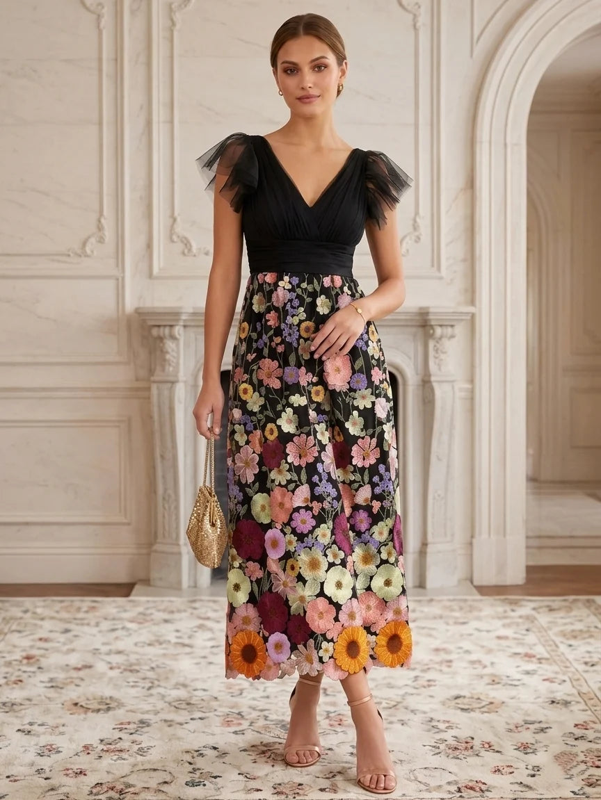 A-Line/Princess V-Neck Lace Embroidery Cocktail Dresses Cap Sleeves Tea-Length Party Dresses Floral