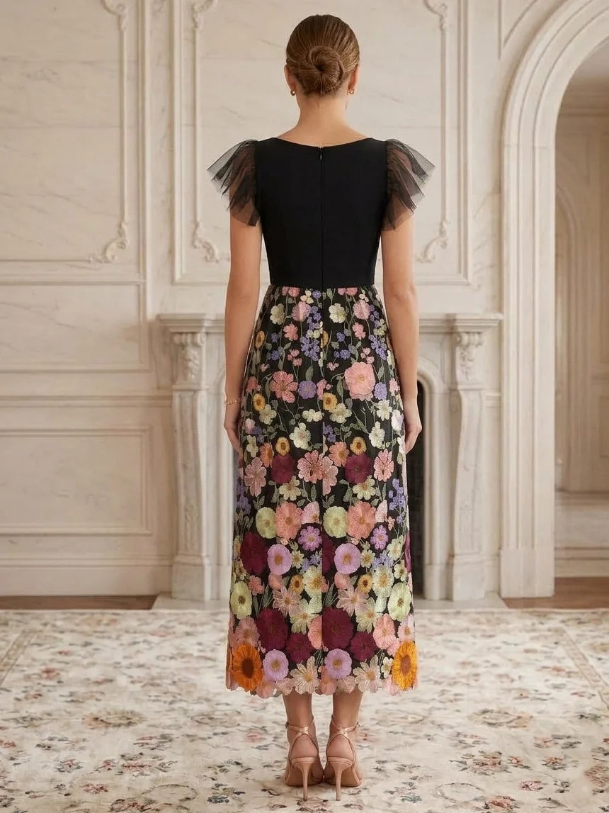 A-Line/Princess V-Neck Lace Embroidery Cocktail Dresses Cap Sleeves Tea-Length Party Dresses Floral