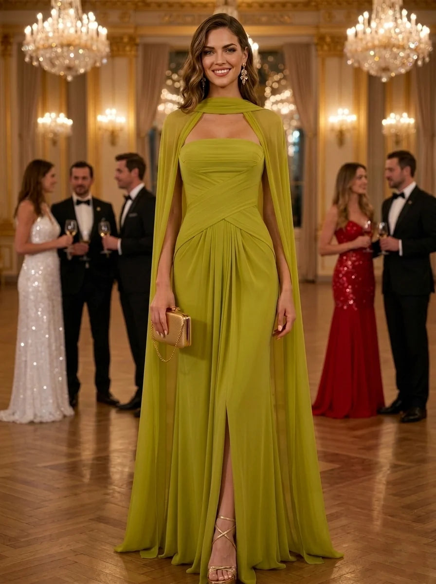 A-Line/Princess Chiffon Mock Neck Evening Dresses Floor-Length Cape Sleeves Ruched Formal Dresses