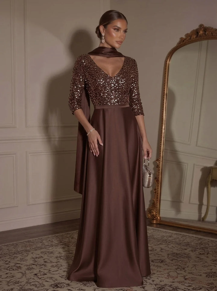 A-Line/Princess V-Neck Satin Evening Dresses With Scarf Floor-Length Sequins 3/4 Sleeves Formal Dresses