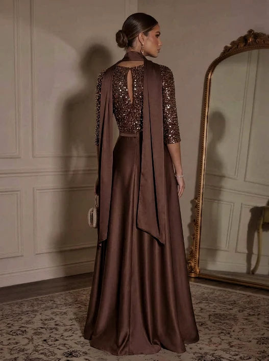 A-Line/Princess V-Neck Satin Evening Dresses With Scarf Floor-Length Sequins 3/4 Sleeves Formal Dresses