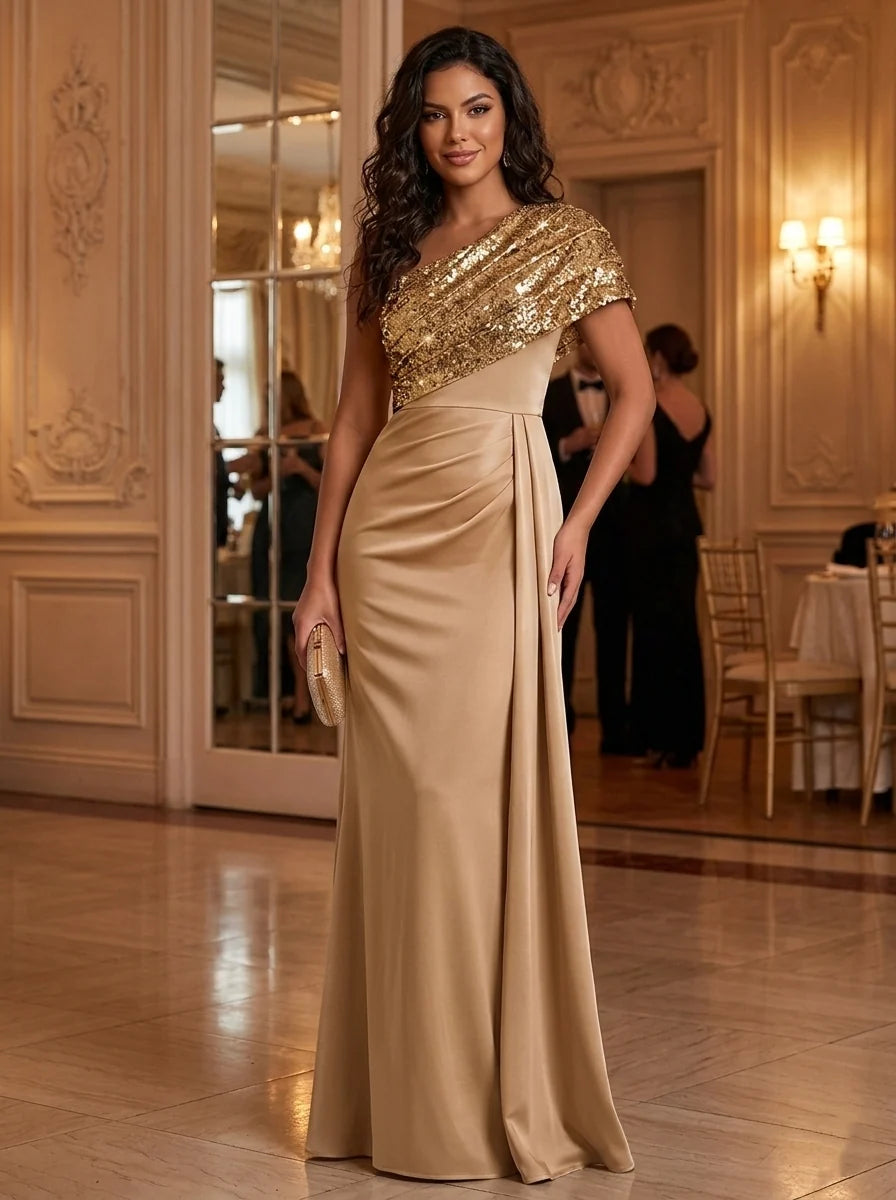 Sheath/Column One-Shoulder Satin Evening Dresses Floor-Length Sequins Sleeveless Formal Dresses