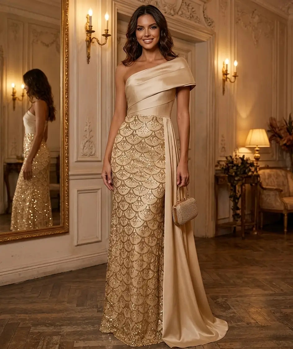 Sheath/Column One-Shoulder Satin Evening Dresses Floor-Length Sleeveless Sequins Formal Dresses