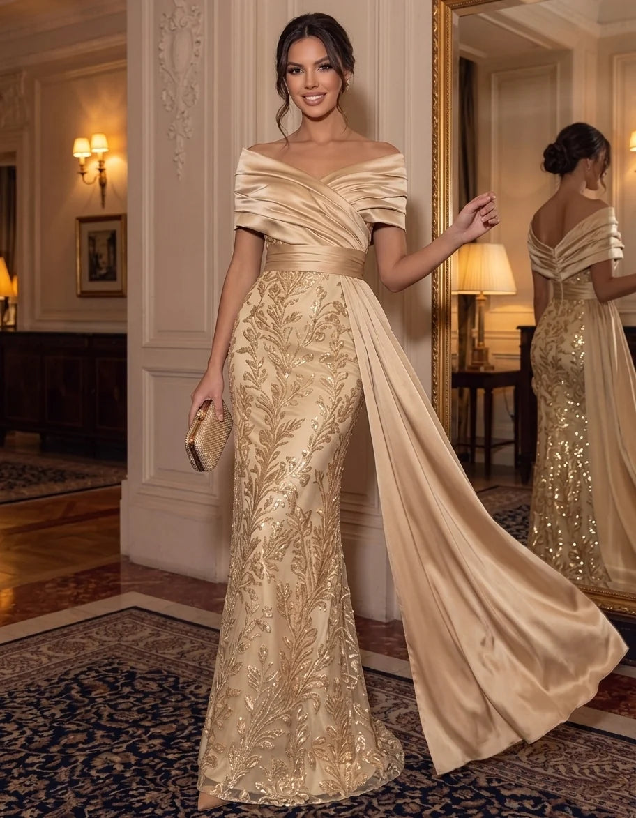 Sheath/Column Off-the-Shoulder Satin Evening Dresses Floor-Length Sleeveless Sequins Formal Dresses