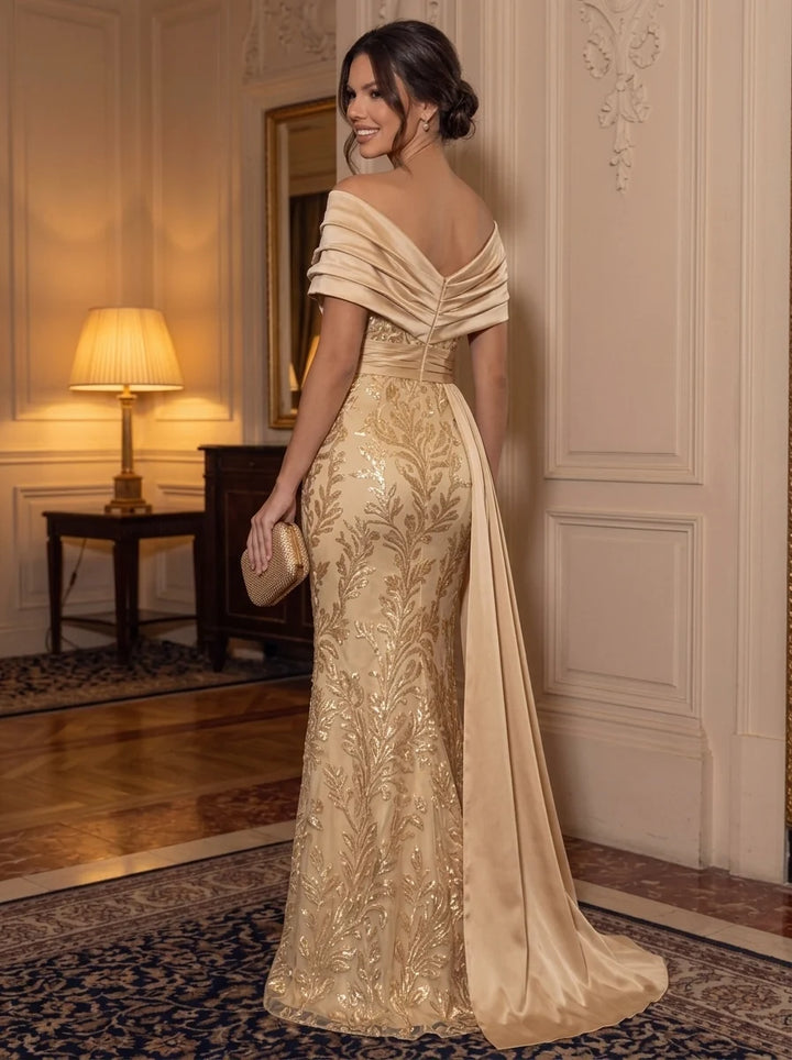 Sheath/Column Off-the-Shoulder Satin Evening Dresses Floor-Length Sleeveless Sequins Formal Dresses
