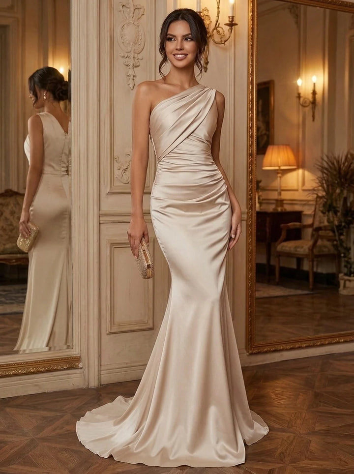 Trumpet/Mermaid One-Shoulder Satin Evening Dresses Floor-Length Sleeveless Ruched Formal Dresses