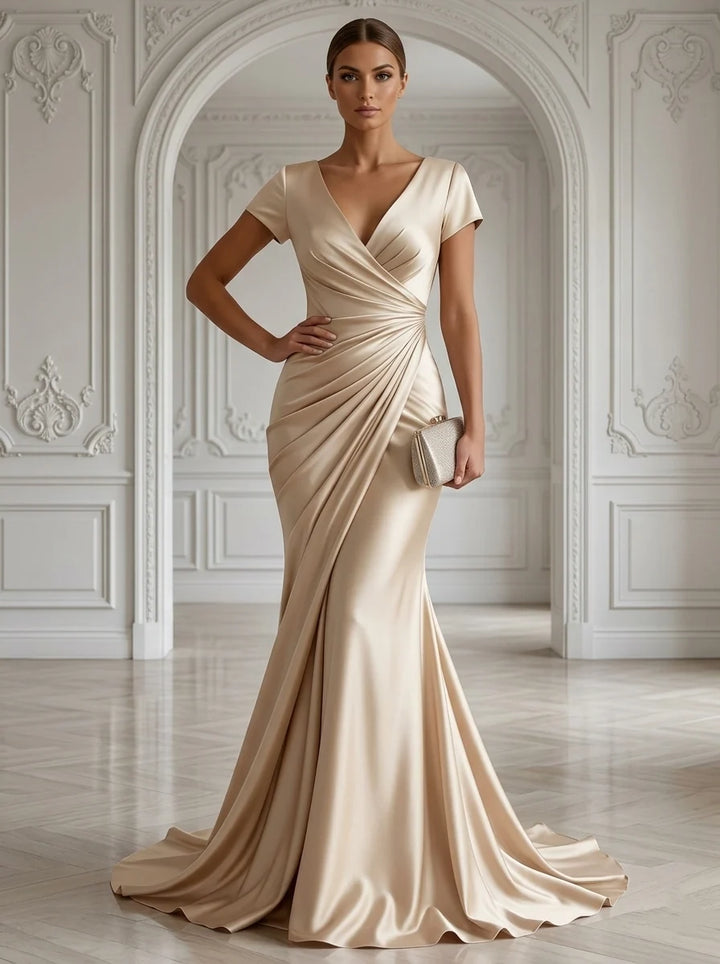 Trumpet/Mermaid V-Neck Satin Evening Dresses Floor-Length Short Sleeves Ruched Formal Dresses