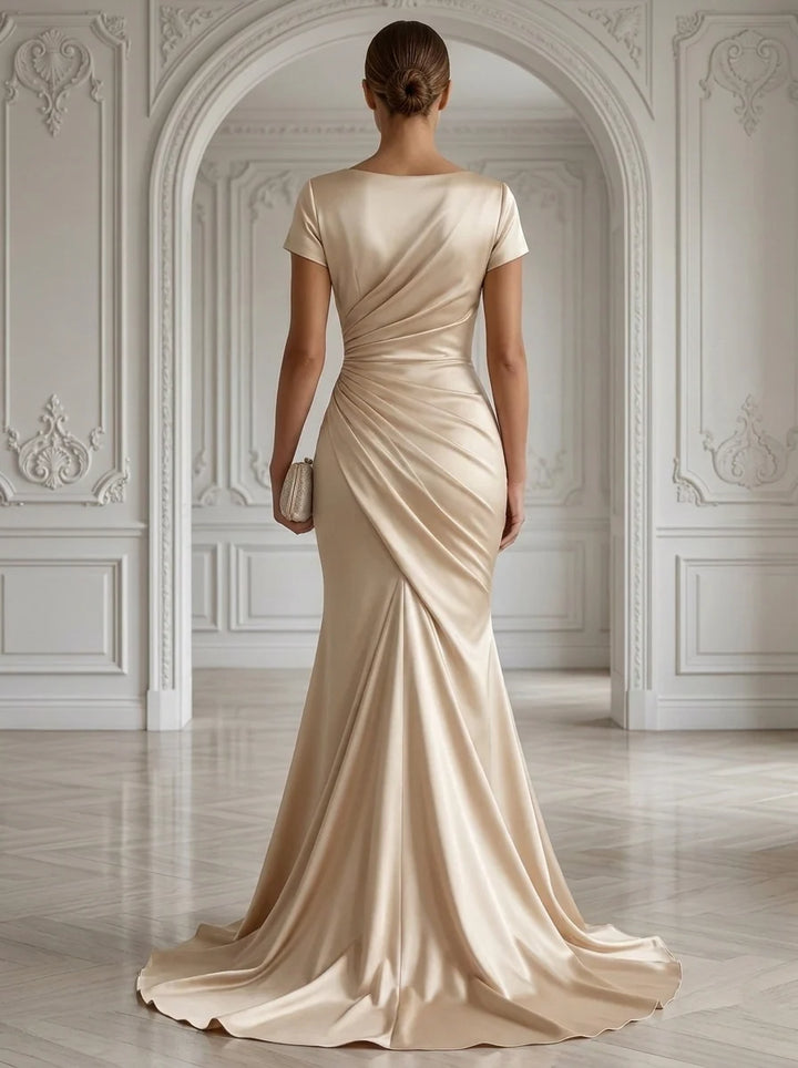 Trumpet/Mermaid V-Neck Satin Evening Dresses Floor-Length Short Sleeves Ruched Formal Dresses