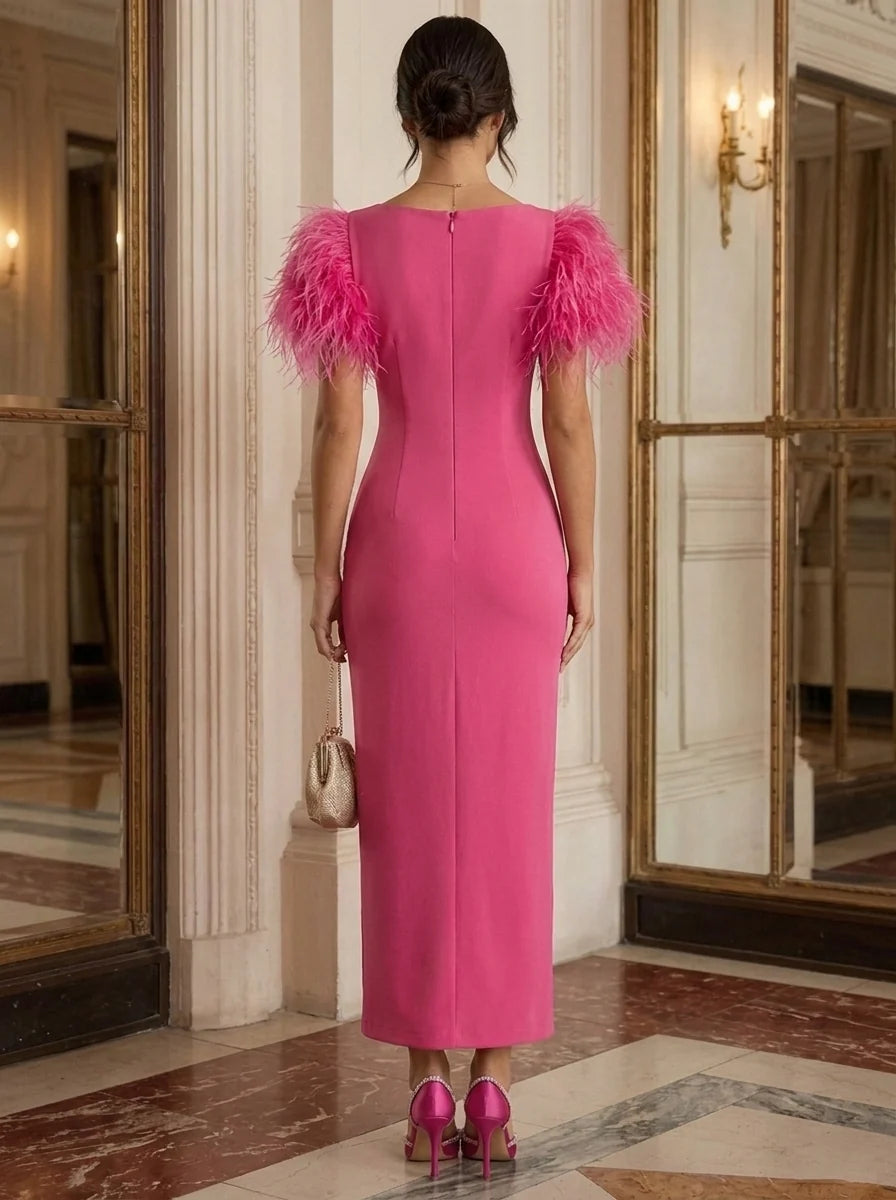 Sheath/Column Scoop Stretch Satin Cocktail Dresses With Feathers Short Sleeves Ankle-Length Party Dresses
