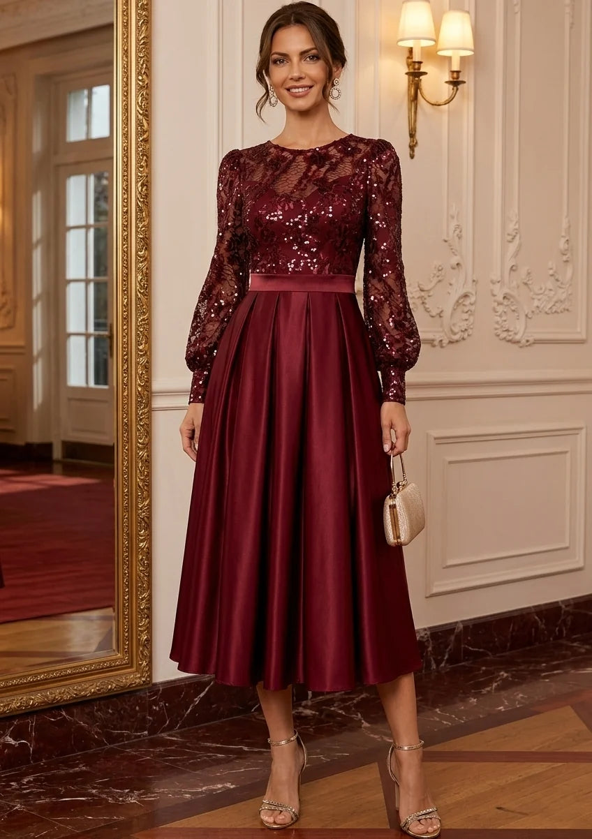 A-Line/Princess Scoop Satin Cocktail Dresses Long Sleeves Tea-Length Party Dresses Sequins