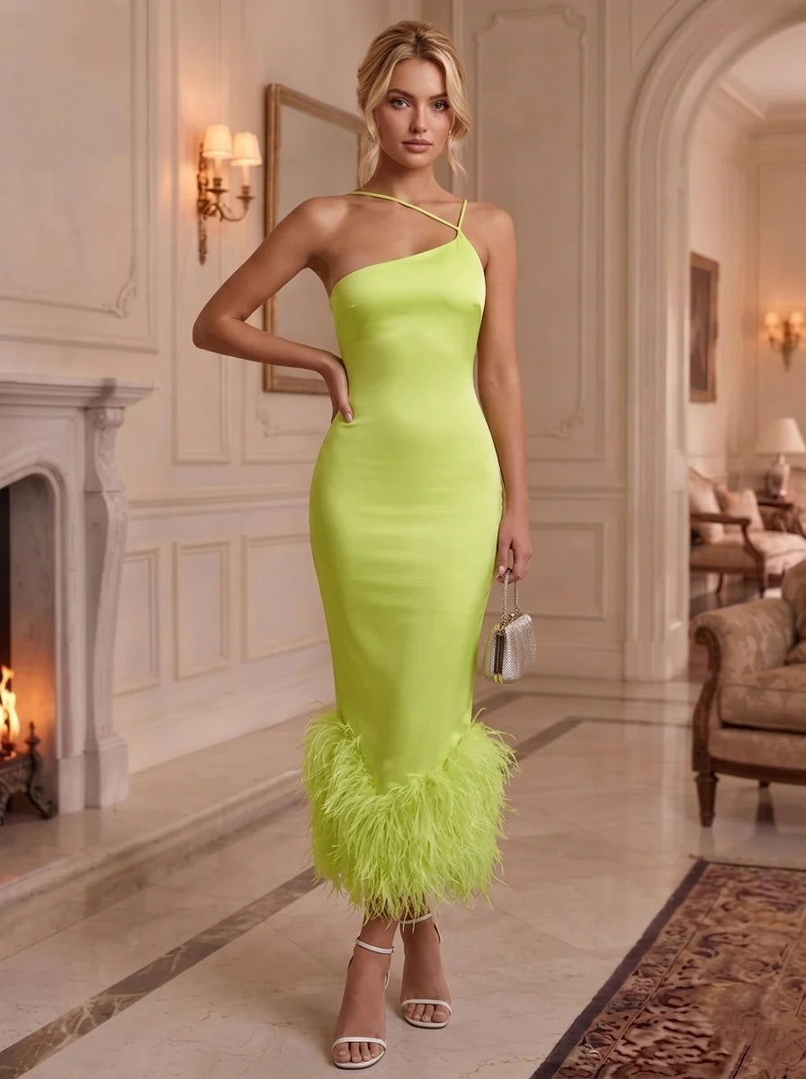 Sheath/Column Asymmetrical Neck Satin Formal Dresses With Feathers Sleeveless Ankle-Length Evening Dresses