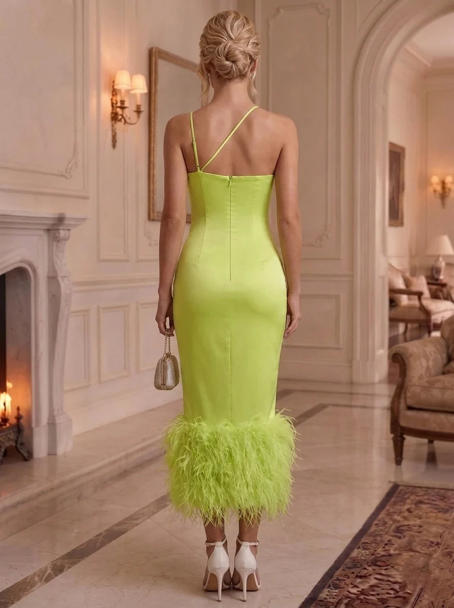 Sheath/Column Asymmetrical Neck Satin Formal Dresses With Feathers Sleeveless Ankle-Length Evening Dresses
